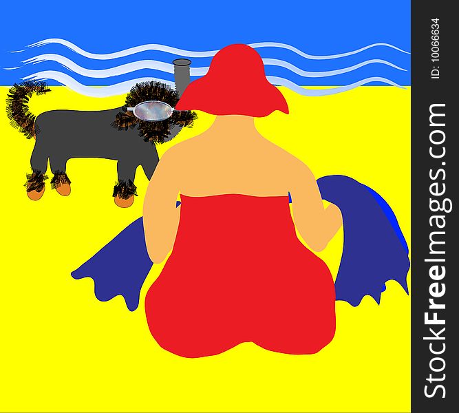 Beach lady with snorkelling dog.