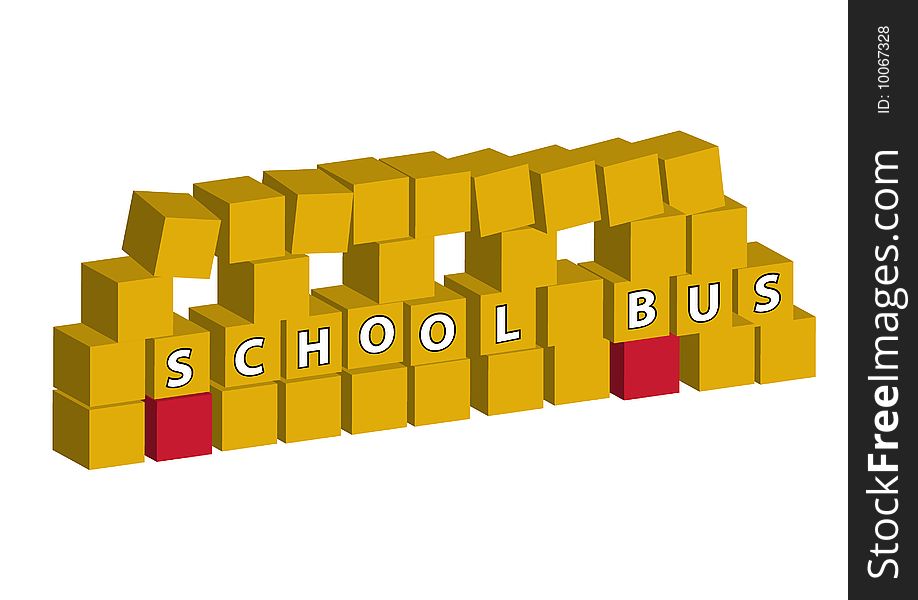 Yellow school bus made of blocks with the inscription on its side