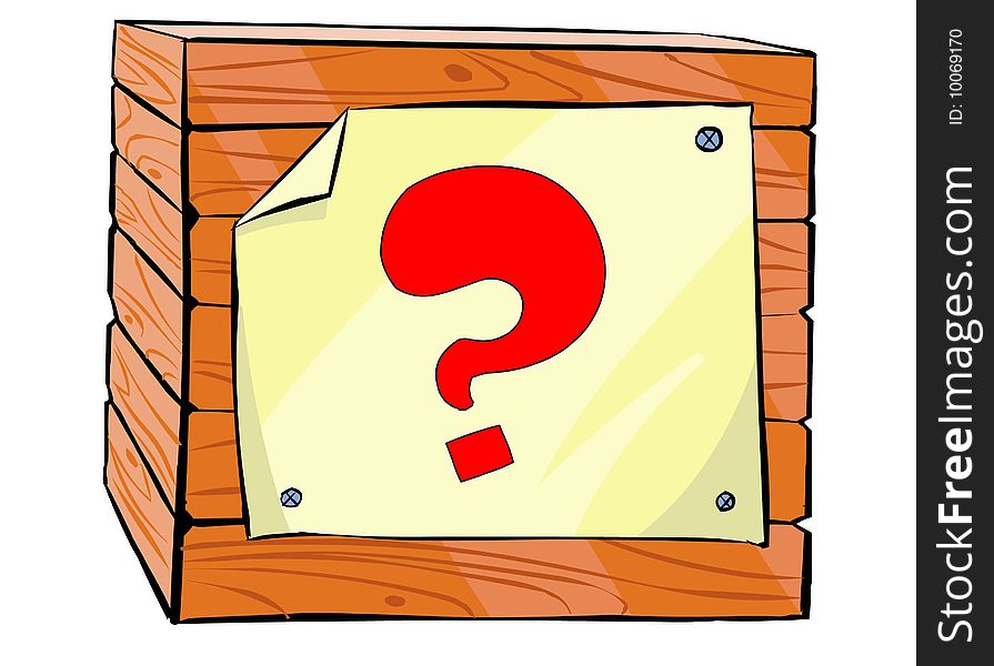 Illustration of wooden box with a question on a plate. Isolated on white background. Illustration of wooden box with a question on a plate. Isolated on white background.