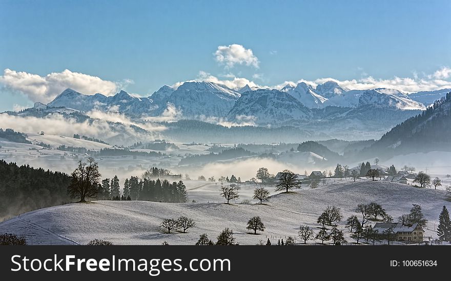 Mountain Range, Winter, Mountainous Landforms, Sky