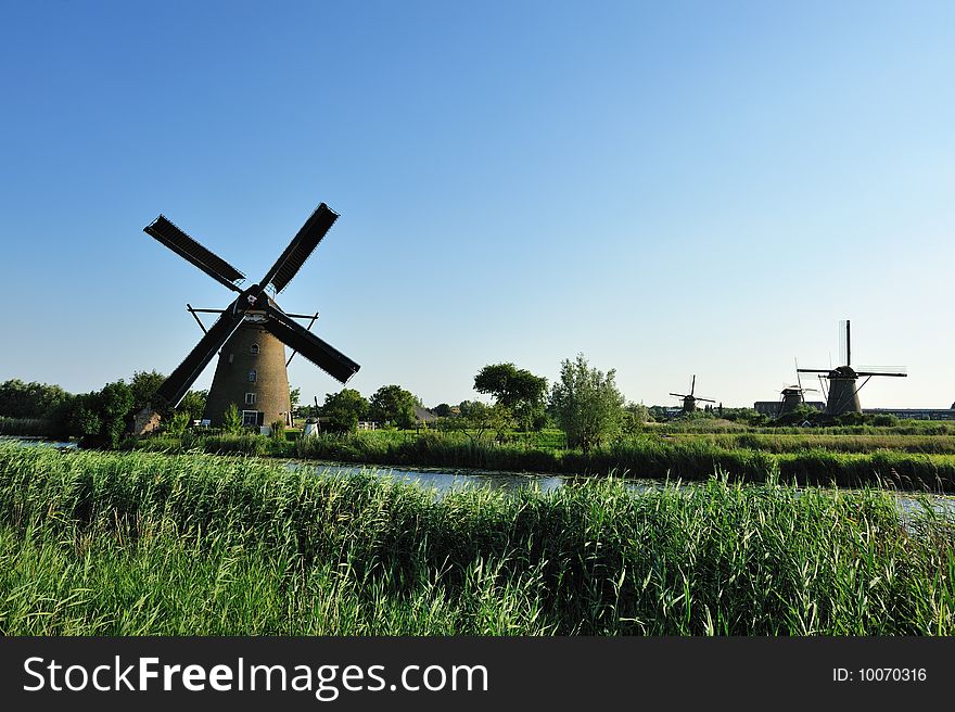 Beautiful windmill landscape at kinderdijk in the netherlands near Rotterdam