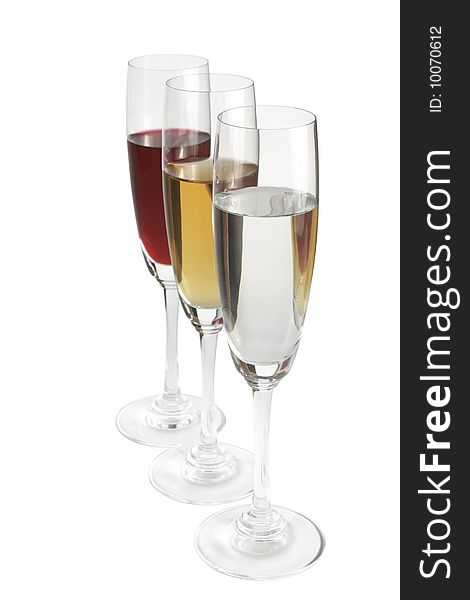 The wineglasses with different liquids is isolated. Clipping path included.