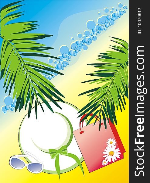 Womanish hat, glasses and bag among the branches of palms. Vector illustration