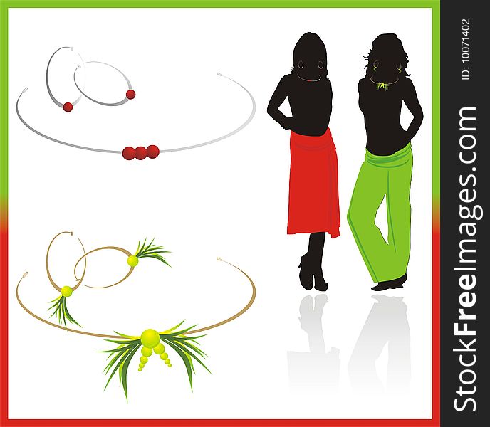 Earrings and necklace. Two sets and silhouettes of girls. Vector illustration