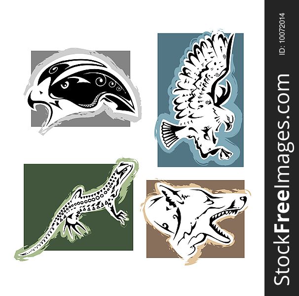 Four animals: hawk, eagle, lizard and fox - Tattoo style. Four animals: hawk, eagle, lizard and fox - Tattoo style