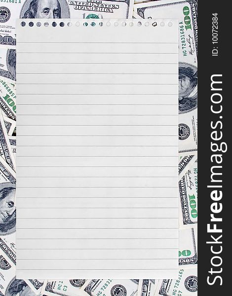 Blank white paper over money background for writing