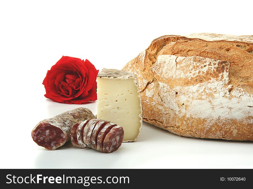 French product, bread, cheese and sausage, isolated on white background