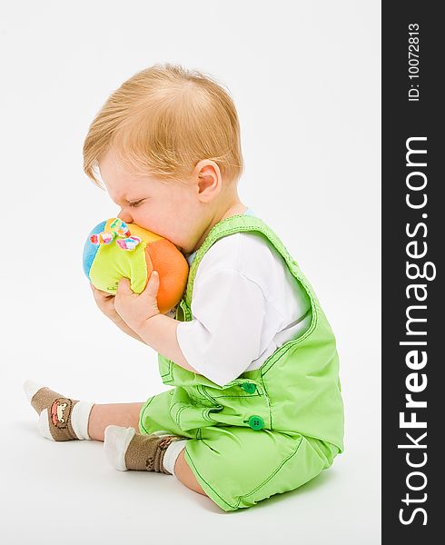 Little baby boy in green a pair of trousers