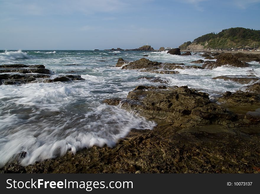 This shot was taken along the rocky coast of the Japan Sea. This shot was taken along the rocky coast of the Japan Sea.