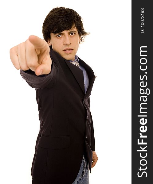 Man with finger expression white isolate portrait. Man with finger expression white isolate portrait