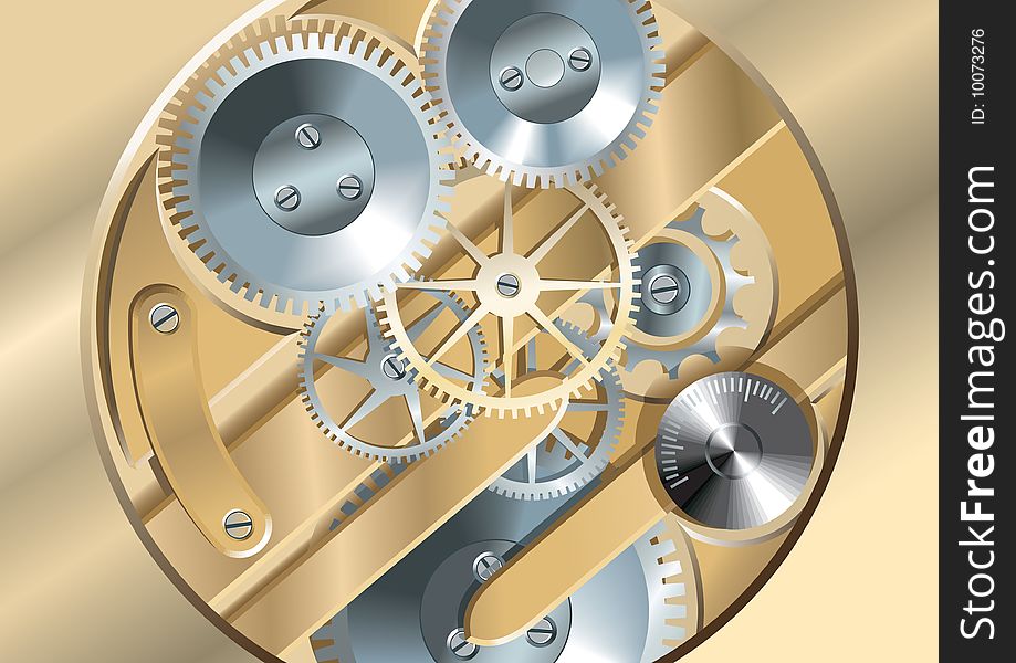 Gears of clockwork mechanism, shining metal, vector illustration. Gears of clockwork mechanism, shining metal, vector illustration