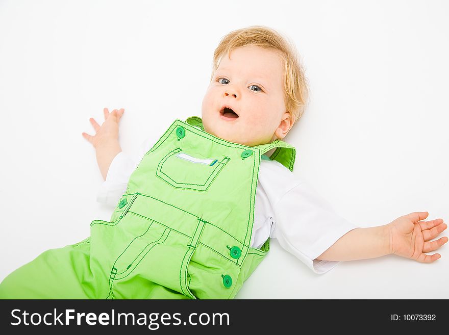 Little baby boy in green a pair of trousers
