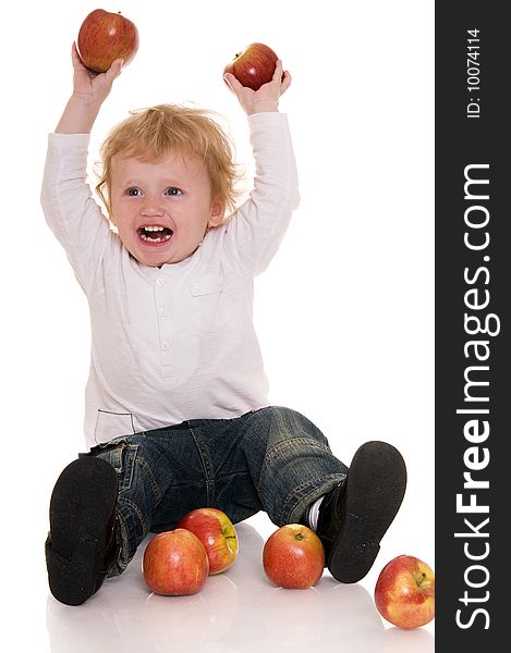 Baby with apple isolated on white. Baby with apple isolated on white.