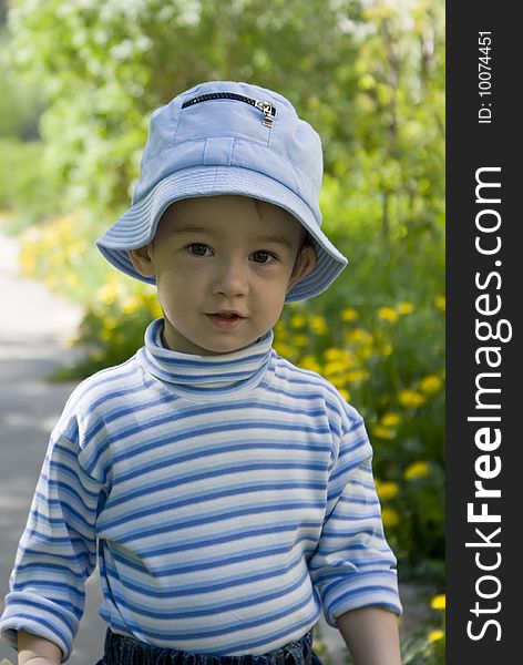 Half-length portrait of a smiling little boy on a summer garden background. Half-length portrait of a smiling little boy on a summer garden background