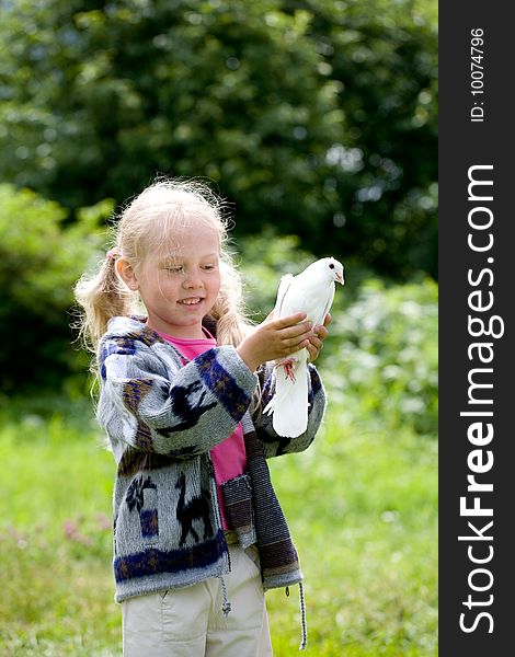 Portrait of the little girl on a green background with a dove. Portrait of the little girl on a green background with a dove