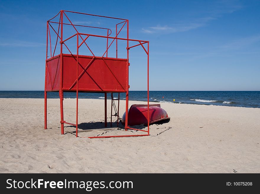 Lifeguard post on baltic beach on Wolin island, Poland.