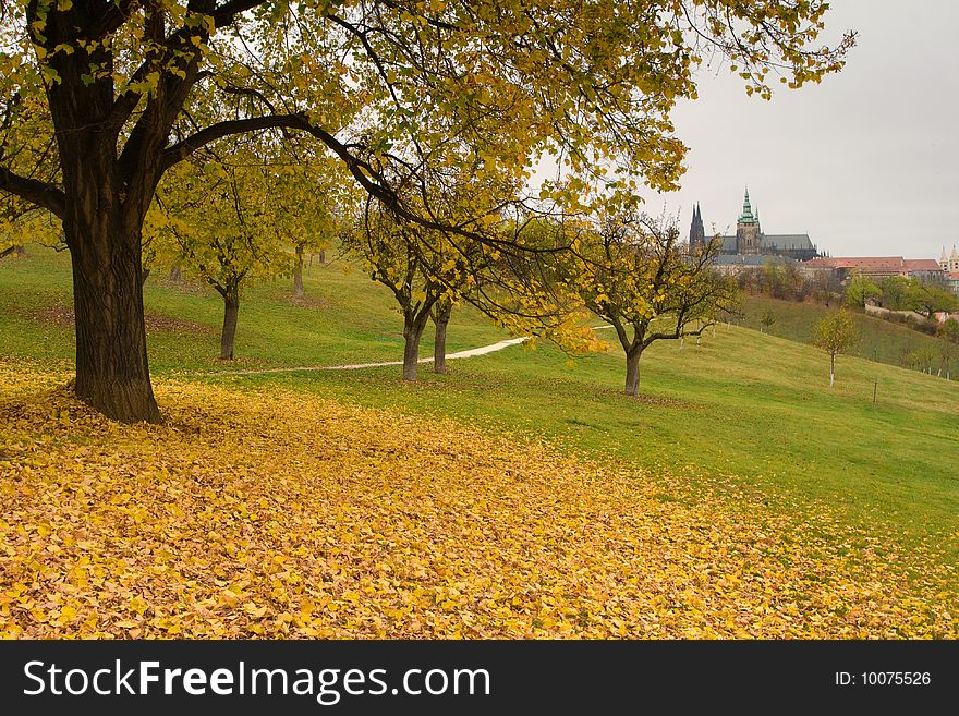 Beautiful hill park, in autumn colors. Saint Vitus Cathedral in the background. Beautiful hill park, in autumn colors. Saint Vitus Cathedral in the background