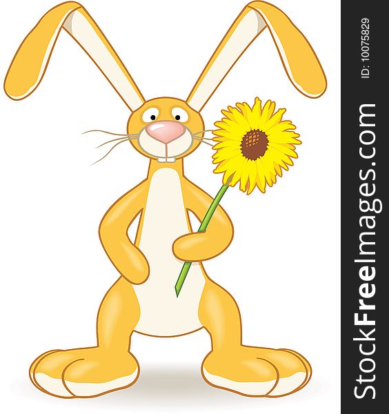 Cartoon style bunny with sunflower in his hand. Drawed without any gradient or mesh fills