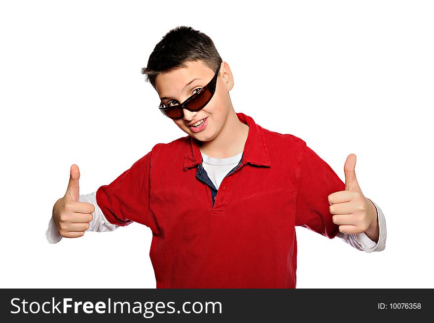 Young man in red shirt with thumbs up. isolated. Young man in red shirt with thumbs up. isolated