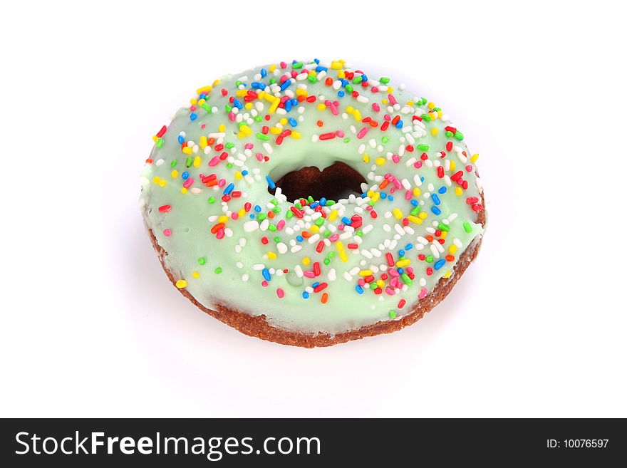 Close up shot of donut on white background