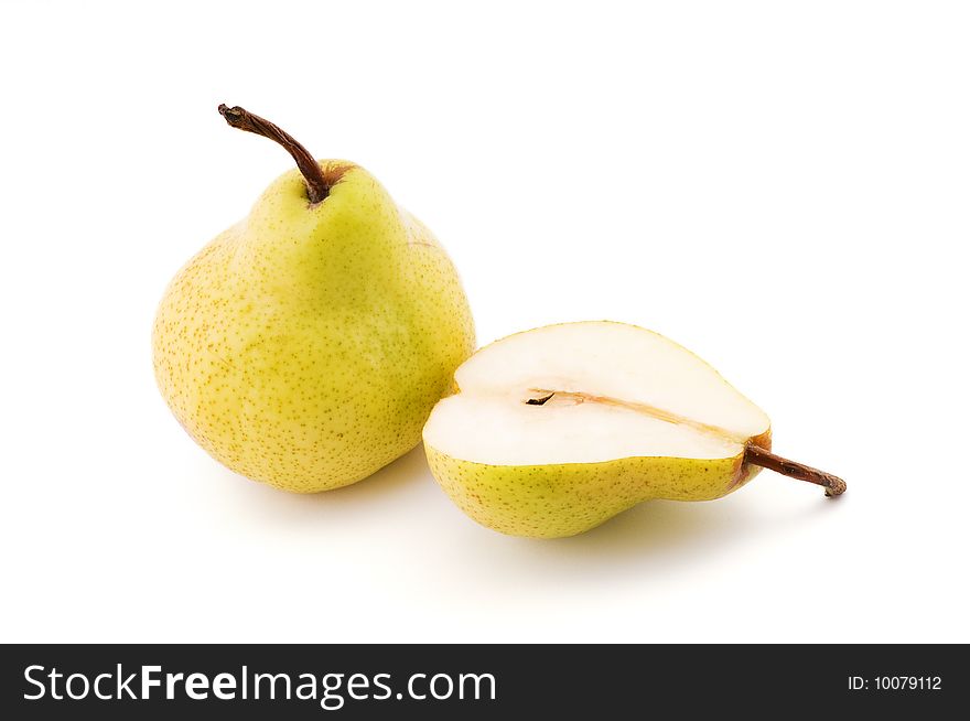 Yellow pear close-up isolated on white background