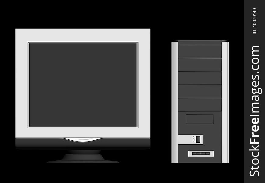 Computer and monitor isolated on a black background