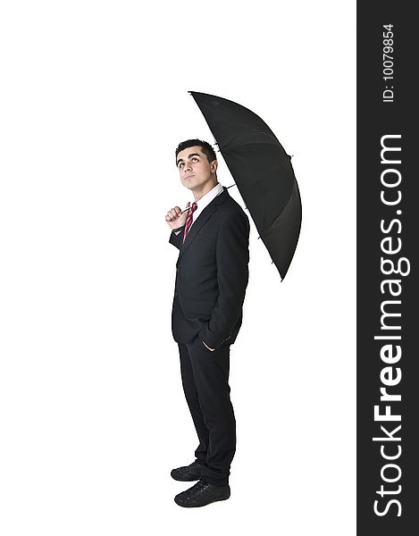 Man in suit walking with black umbrella. Man in suit walking with black umbrella
