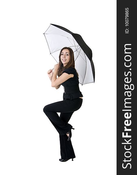 Girl in black suit posing with umbrella. Girl in black suit posing with umbrella