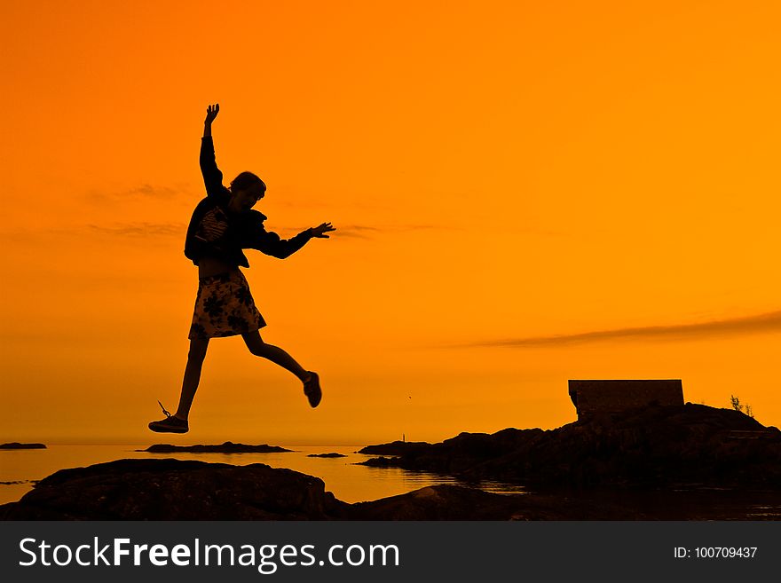 Sky, Silhouette, Jumping, Sunset