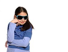 Cute Girl In Blue Outfit And Blue Sunglasses Stock Images