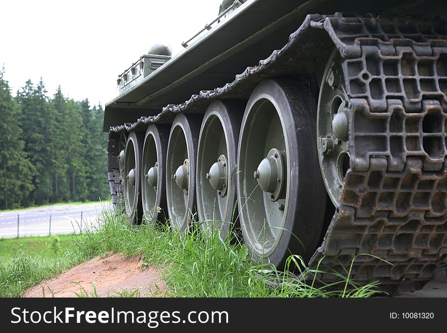 Heavy tank track close-up of wheels