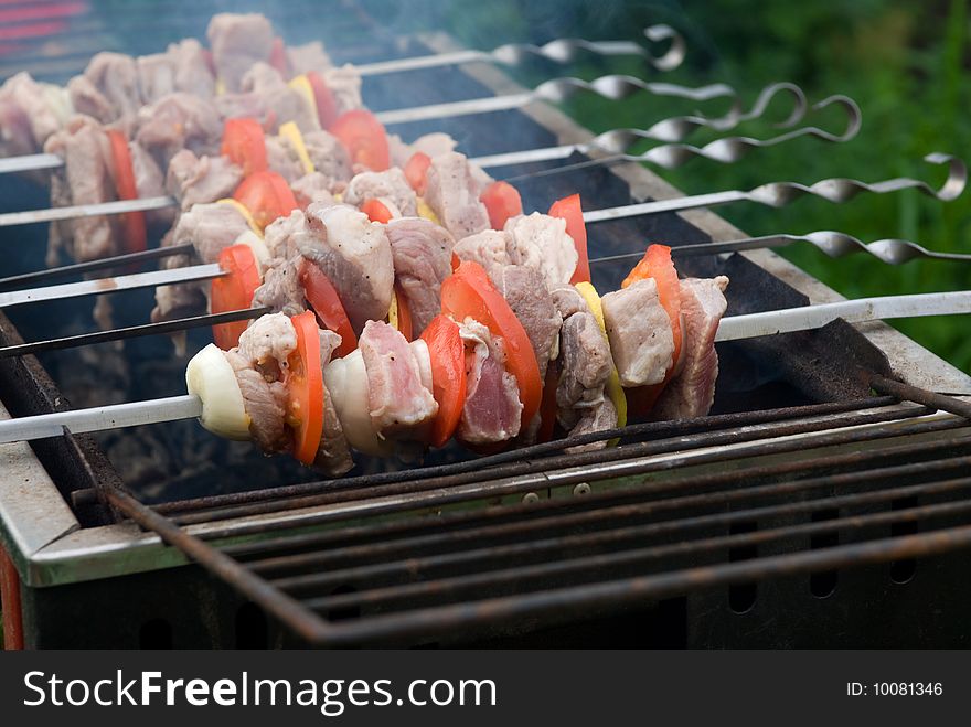 Shish kebab preparation on a brazier. Outdoor picnic.