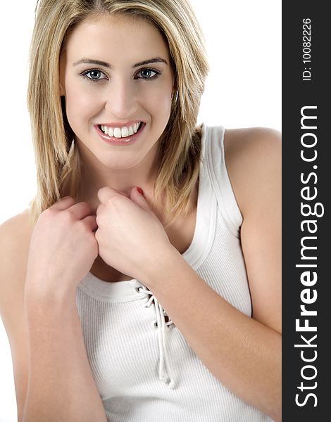 Female model smiling on white background. Female model smiling on white background