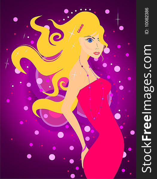 Vector illustration of a beautiful woman with party lights in backgroud
