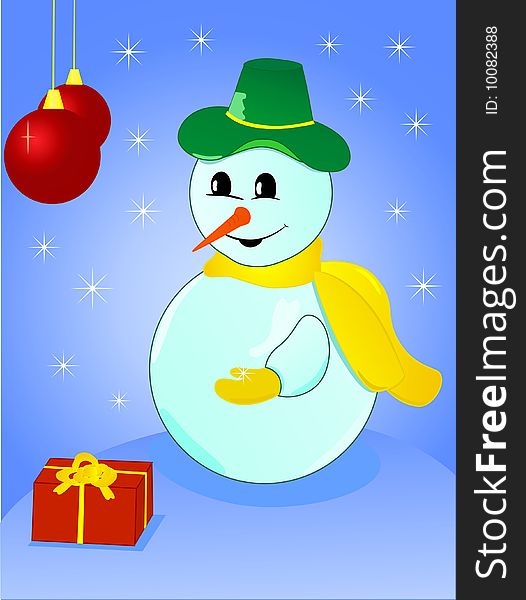 Vector illustration of a Christmas snowman with gift and snowflake in his hand on winter background