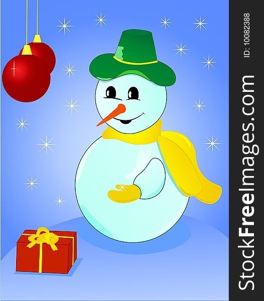 Christmas Snowman With Gift And Snowflake