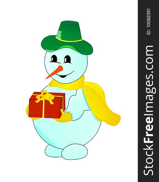 Vector illustration of a Christmas snowman with gift on white background