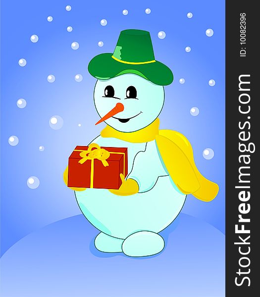 Vector illustration of a snowman in green hat with a gift on winter background. Vector illustration of a snowman in green hat with a gift on winter background