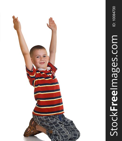 The boy shows gestures by two hands. The boy shows gestures by two hands