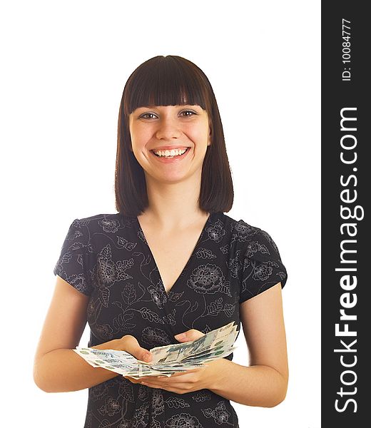 The young girl holds in hands Russian money for a white background. The young girl holds in hands Russian money for a white background