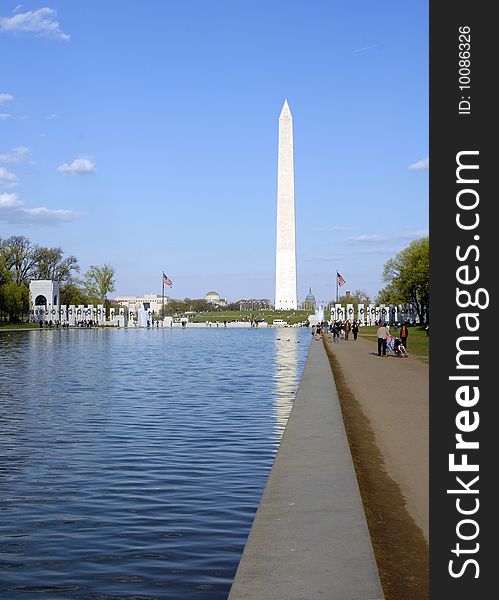 From an angle you get a unique view of the reflecting pool, WW II memorial & monument. From an angle you get a unique view of the reflecting pool, WW II memorial & monument