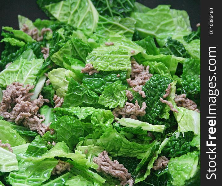A fresh stew of green cabbage with meat