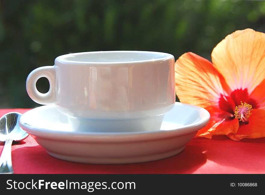 Set up of coffee cup, spoon and an hibiscus on a red table cloth. Set up of coffee cup, spoon and an hibiscus on a red table cloth