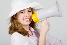 Beautiful Young Girl With Megaphone Over White Stock Images Beautiful Young Girl With Megaphone Over White Stock Images