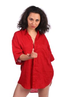 Brunet Curly-headed Girl In Red Male Shirt Beckon Stock Images