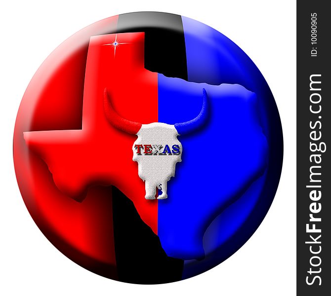 Texas State Button the background is red black blue with the state of Texas on top and a long horn steer. Texas State Button the background is red black blue with the state of Texas on top and a long horn steer.