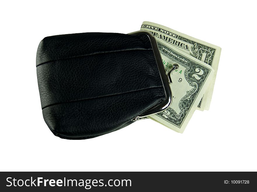 A small black leather coin purse holding 1 and 2 dollar bills, isolated on white. A small black leather coin purse holding 1 and 2 dollar bills, isolated on white