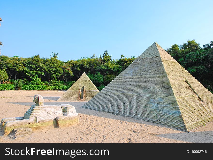 Model of Egyptian pyramids and sphinx in Korea. Model of Egyptian pyramids and sphinx in Korea