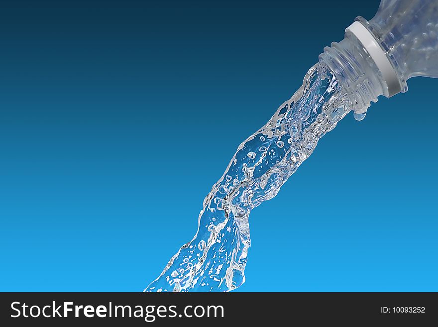 Water flows from  bottle on  blue background