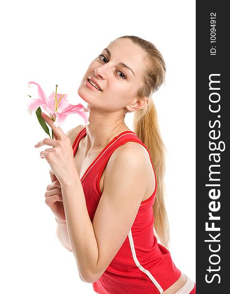 Nice girl  with a pink lily